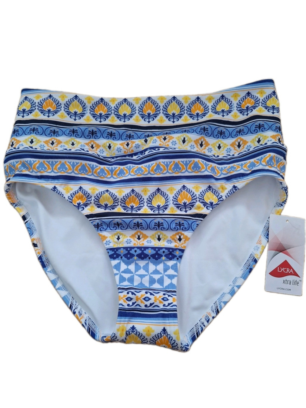 NWT Lands End Swimsuit Bottom Womens 10 High Waist Tummy Control Blue Yellow NEW